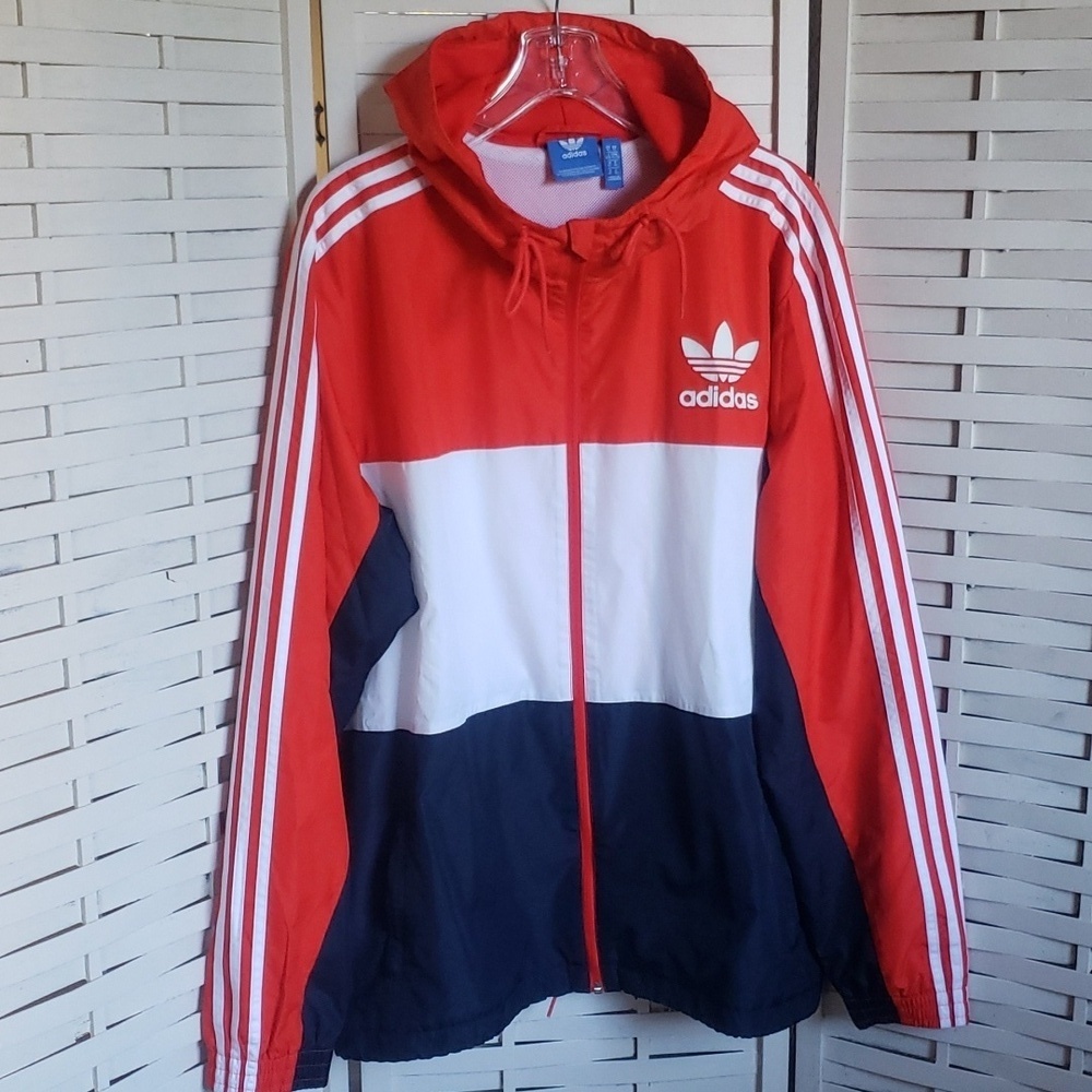 Adidas tricolor full zip mesh lined mens lightweight hoodie jacket size L